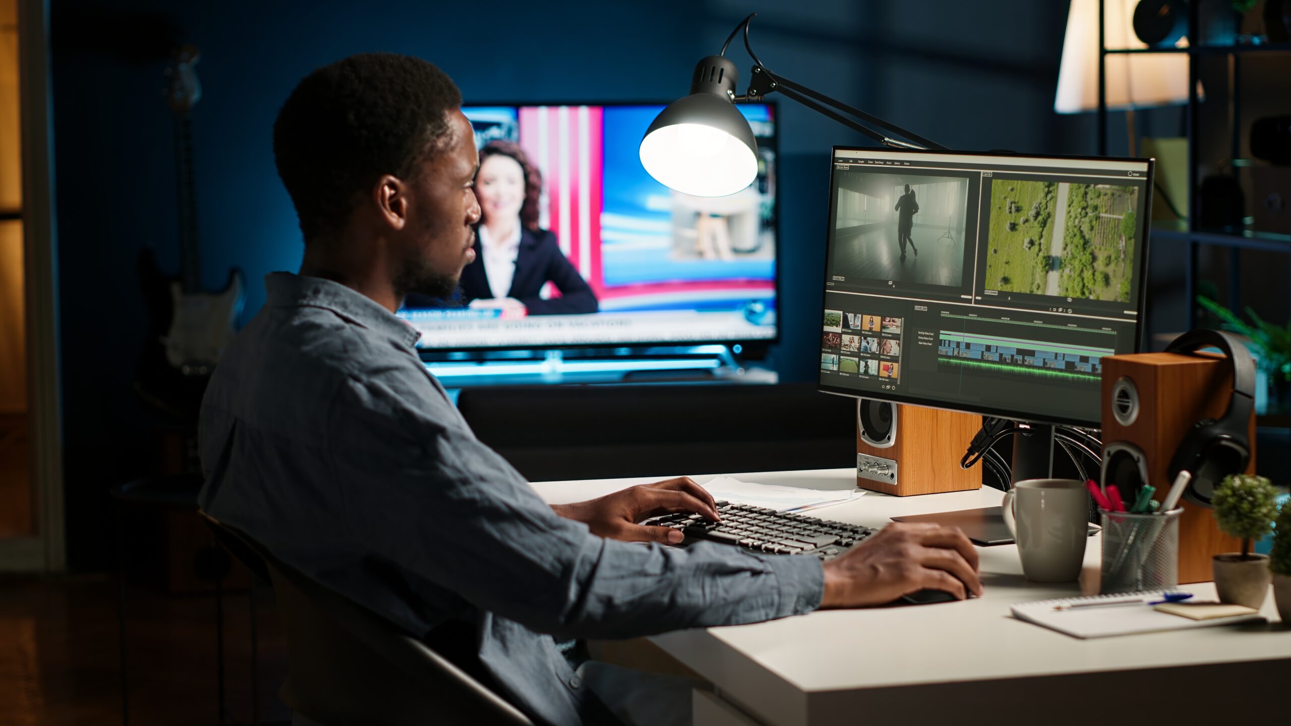 Video maker editing montage clips on coloring software at home, working on color correction and motion graphics to edit footage. Content creator editing clips on toolbar panels. Camera B.